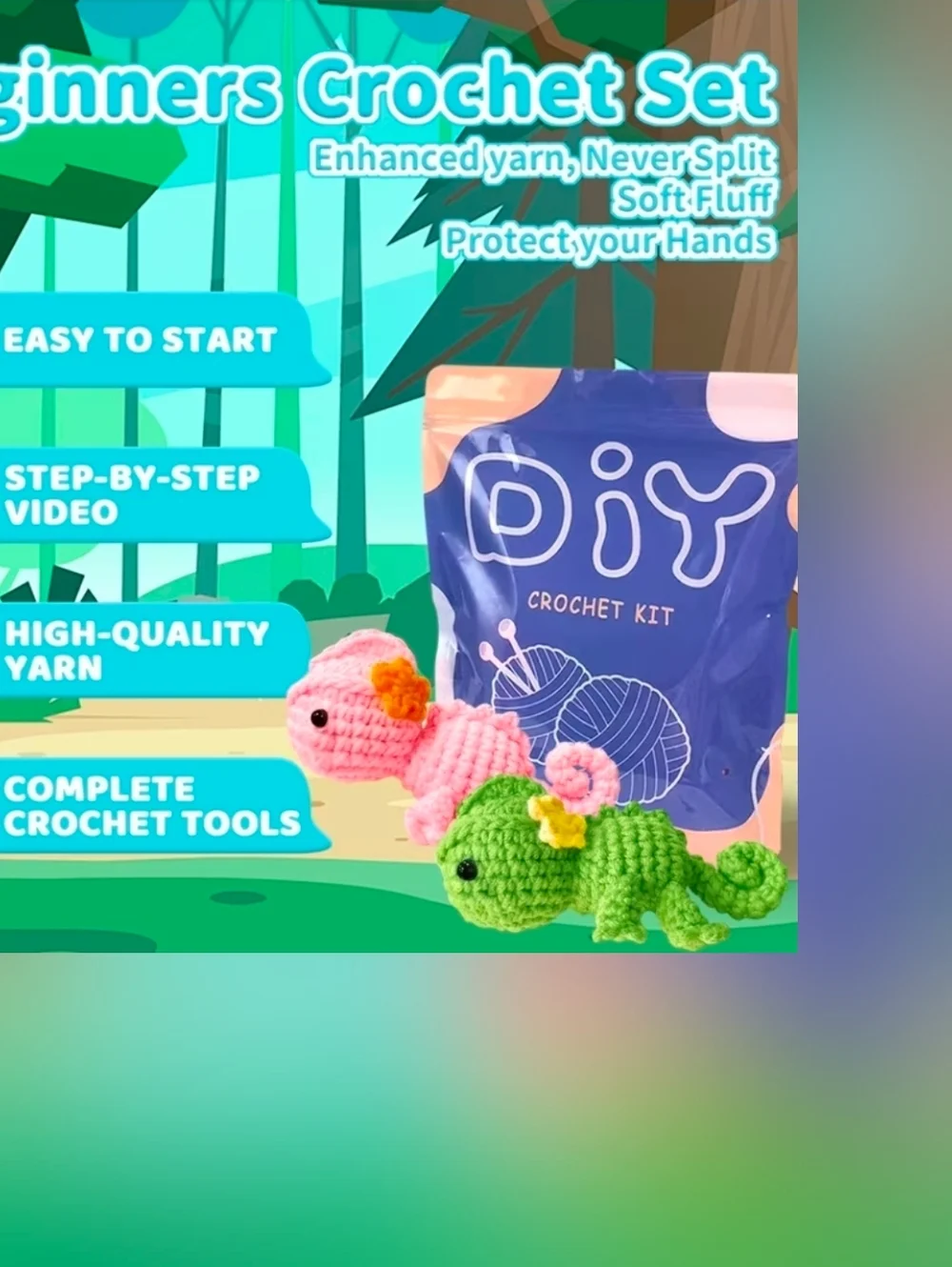 DIY Green Chameleon Crochet Kit For Beginners All Tools Included New Sealed